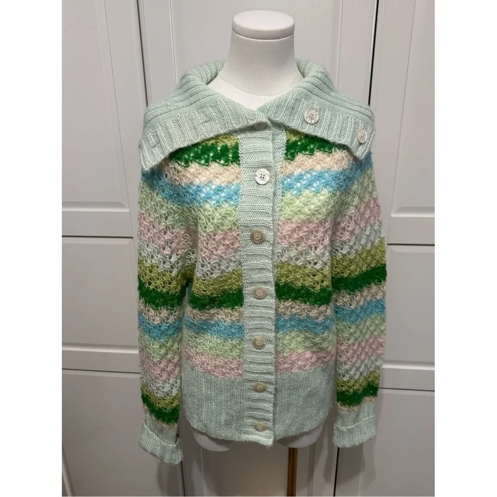 Free People‎ Stripe Cardigan Pastel Green, Pink, Blue Shawl Collar Wool Blend M
